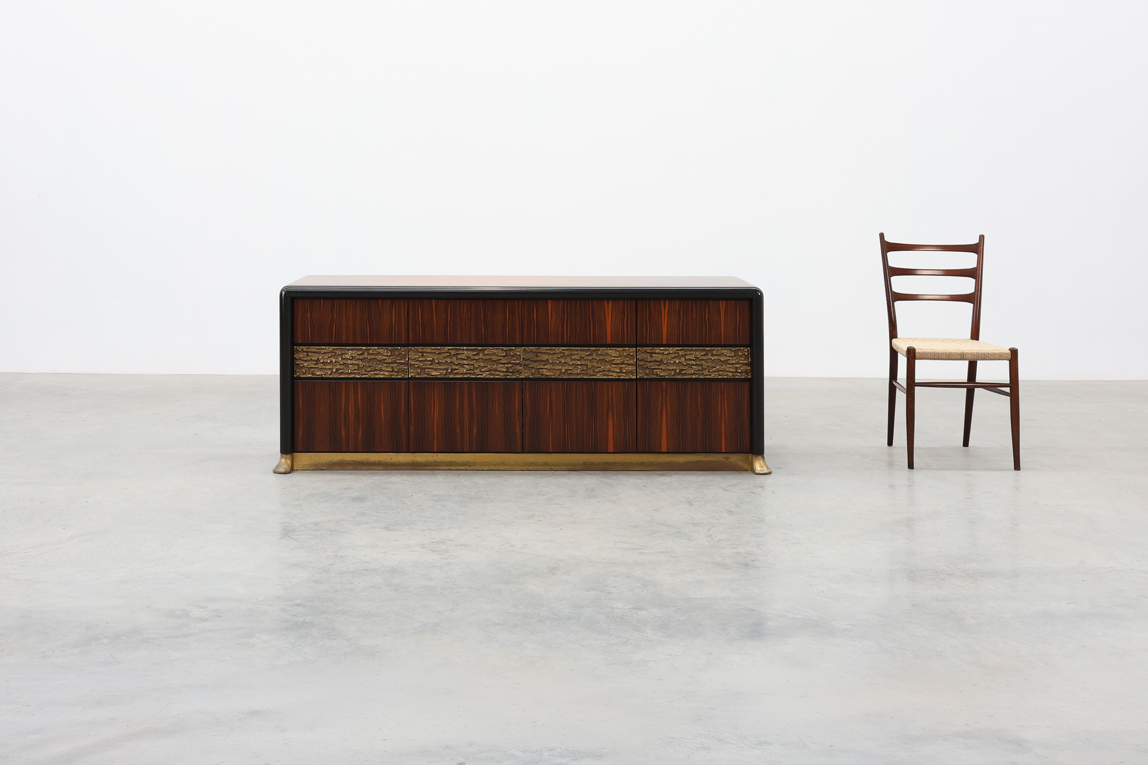 Sculptural wood and Brutalist Brass Credenza by Luciano Frigerio, Italy 1970sthumbnail